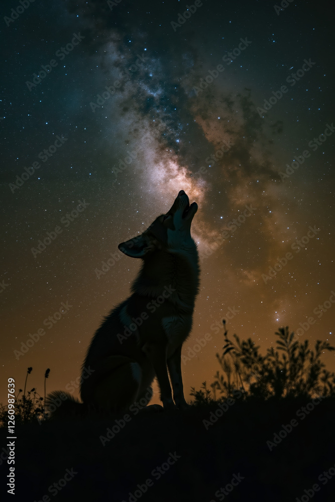 Fototapeta premium A wolf howling at the stars in the night sky