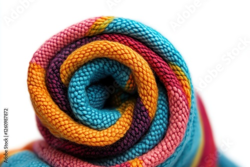 Colorful cotton fabric rolled tightly showcases vibrant hues of blue, orange, pink, and red, perfect for crafts or home decor