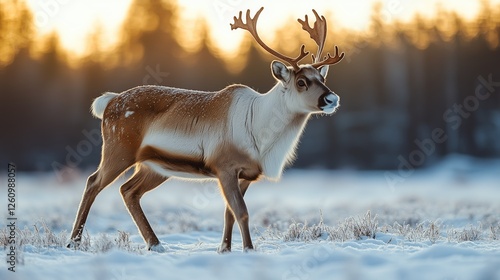 Reindeer walks through snowy pathway in a winter landscape during snowfall