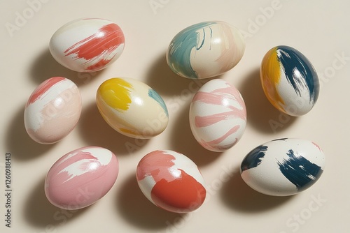 Colorful Easter Eggs With Abstract Brushstroke Designs Arranged on a Neutral Backdrop for Minimalist Decor photo