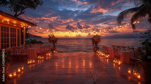 Romantic sunset wedding reception by the ocean with decorative lights and can...