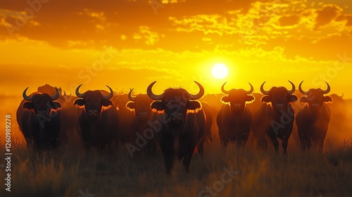 Herd of buffalo grazing during sunset in a warm, golden-hued landscape