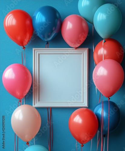 Colorful balloons surround a blank frame on a blue wall for a celebration