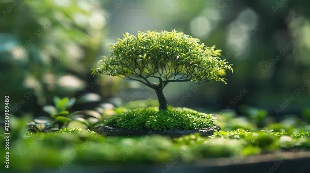 Lush Green Tree Surrounded by Soft Greenery in Nature's Tranquil Environment with a Focus on the Beauty of Technology and Upscale Design Elements Lush Green Tree Surrounded by Soft Greenery in Nature's Tranquil Environment with a Focus on the Beauty of Technology and Upscale Design Elements