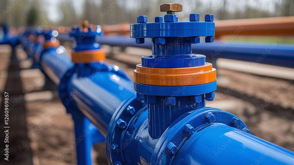Blue pipeline with orange accents shows industrial infrastructure. Metal pipes with bolted connections form a long line in the landscape. Blue pipeline with orange accents shows industrial infrastructure. Metal pipes with bolted connections form a long line in the landscape.
