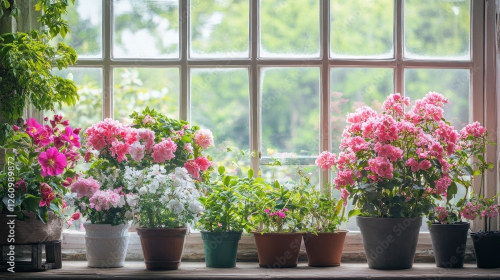 Windowsill Plants Blooming Garden View Windowsill Plants Blooming Garden View