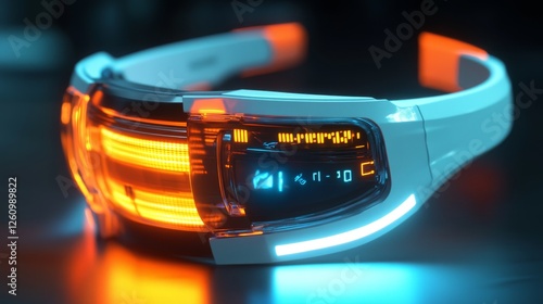 A futuristic wearable tech, like a smart bracelet or glasses, glowing with digital screens and notifications.  photo