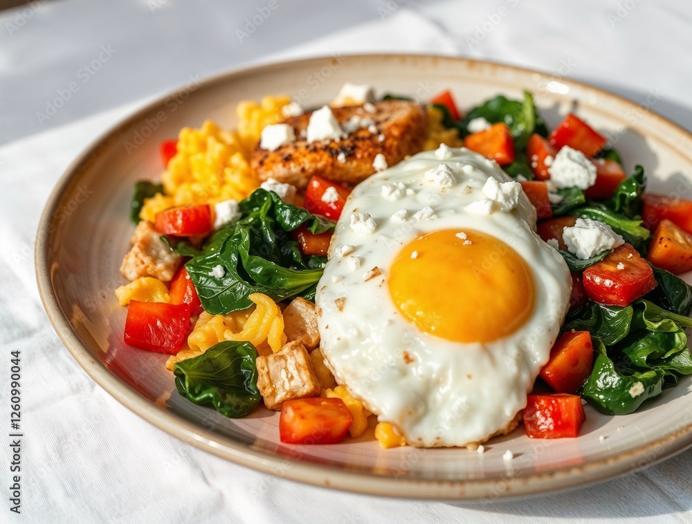 Fried egg with sautéed spinach, red peppers, and grilled chicken on ceramic plate Fried egg with sautéed spinach, red peppers, and grilled chicken on ceramic plate