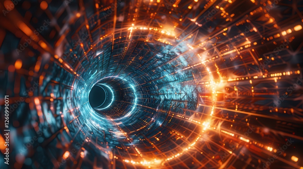 Obraz premium Futuristic Technology Background with Abstract Light Tunnel and Digital Patterns Representing Data Flow and Connectivity in a Virtual Environment