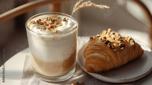 Cozy morning: A croissant and a latte topped with cream and nuts, perfect for a relaxing start.