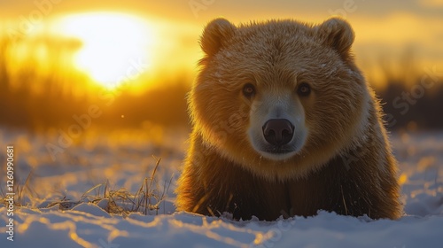 Grizzly bear rests in snow at sunset in a serene winter landscape