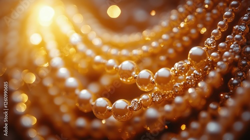 Beautiful strands of golden pearls shine in soft light