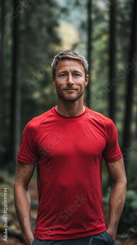 Confident man in a red shirt enjoys a peaceful walk in a lush forest, exuding calm and athleticism.