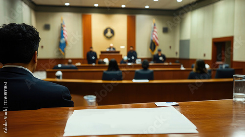 Courtroom trial proceedings in session with jurors and legal professionals present