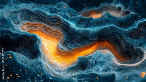 Vibrant cosmic swirl: A stunning abstract representation of interstellar clouds illuminated by fiery orange hues against a deep blue backdrop, perfect for space-themed projects.