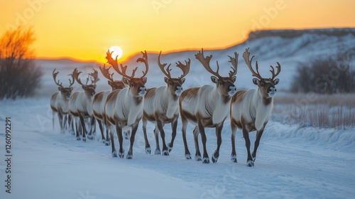 Reindeer herd walking through snow-covered landscape in winter