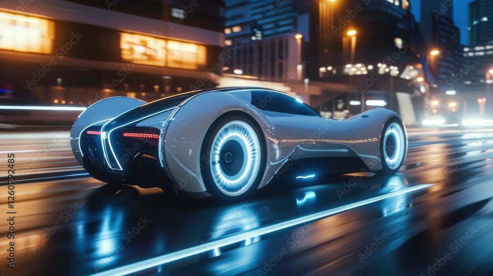 Futuristic Electric Car with LED Lights Driving Through a Neon Cityscape at Night, Showcasing Advanced Technology in Automotive Industry Futuristic Electric Car with LED Lights Driving Through a Neon Cityscape at Night, Showcasing Advanced Technology in Automotive Industry