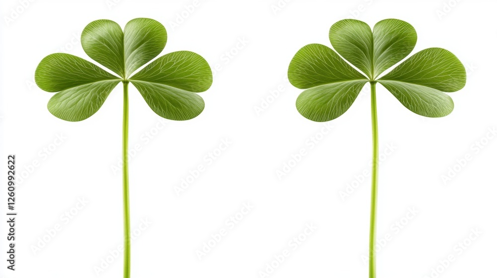 Two Beautiful Four-Leaf Clover Plants Isolated on a White Background Symbolizing Luck and Prosperity Two Beautiful Four-Leaf Clover Plants Isolated on a White Background Symbolizing Luck and Prosperity