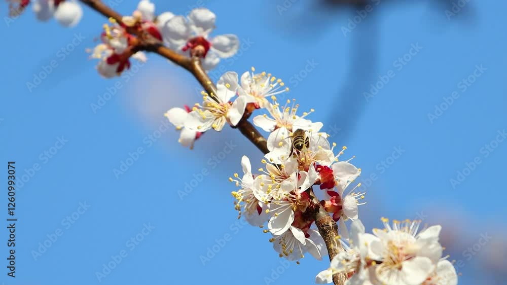 Bees diligently pollinate cherry blossoms on a spring morning Bees diligently pollinate cherry blossoms on a spring morning