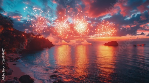 Fireworks illuminate the sky above the harbor during a vibrant sunset