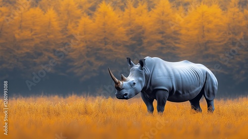Rhino walking through golden grassland during sunset in a serene landscape