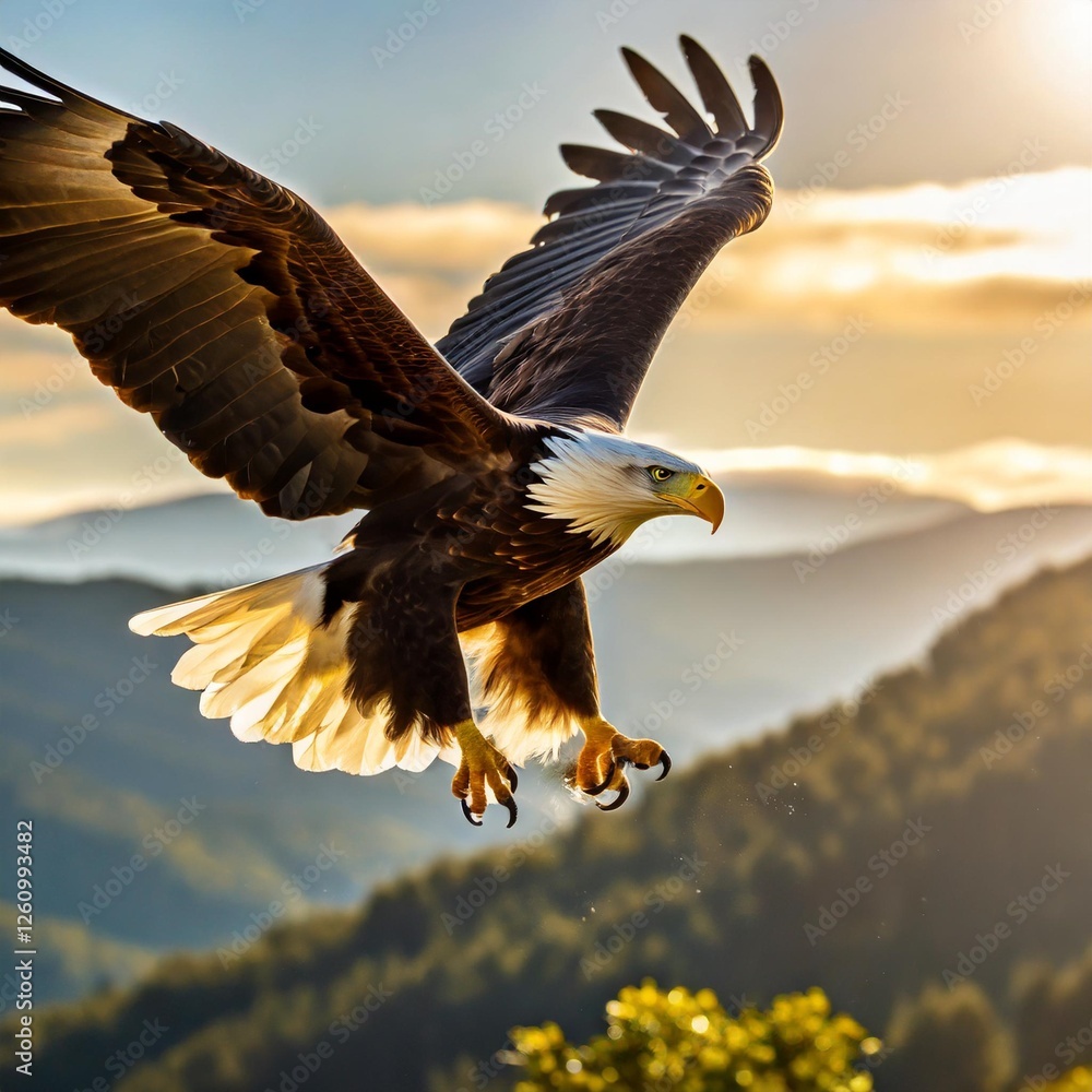 Fototapeta premium A close-up of a majestic eagle soaring high above a misty mountain range, with golden sunlight illuminating its wings.