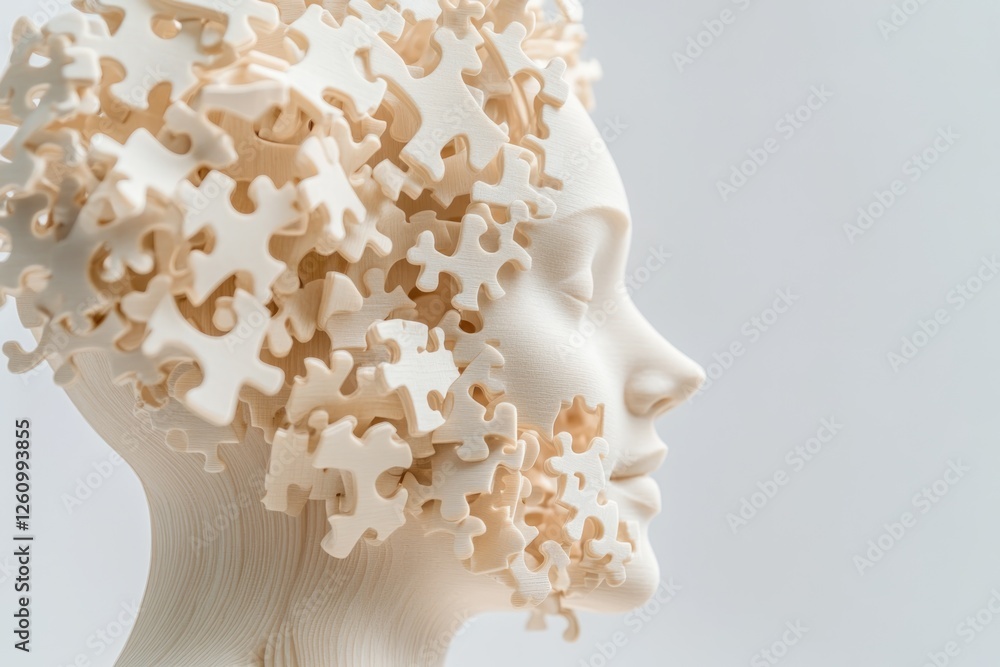 Obraz premium Silhouette of a Human Head Filled With Fragmented Puzzle Pieces Against a Neutral Gray Background Showcasing Creativity and Complexity