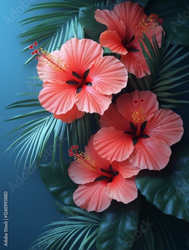 Wallpaper Mural Beautiful pink hibiscus flowers with lush green leaves against a blue background Torontodigital.ca