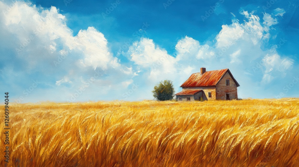 Painting of a rustic farmhouse surrounded by golden wheat fields under a clear blue sky Painting of a rustic farmhouse surrounded by golden wheat fields under a clear blue sky