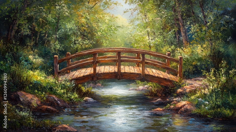 Painting of a wooden bridge over a peaceful stream surrounded by lush greenery and natural landscape Painting of a wooden bridge over a peaceful stream surrounded by lush greenery and natural landscape