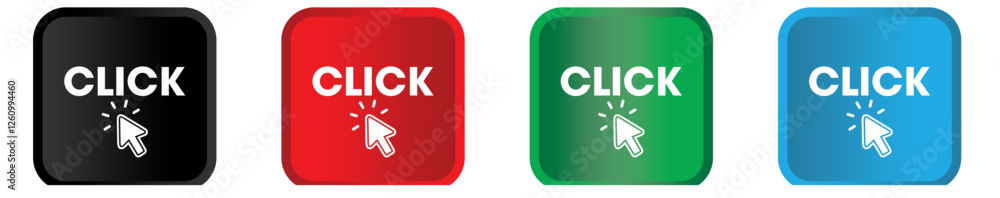 Click Here Button with Click square. Set for button website design. Click button. Modern action button with mouse click symbol. Computer mouse click cursor or Hand pointer symbol. Vector illustration Click Here Button with Click square. Set for button website design. Click button. Modern action button with mouse click symbol. Computer mouse click cursor or Hand pointer symbol. Vector illustration