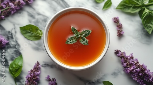 Refreshing herbal tea served in white bowls on a wooden board with mint garni...