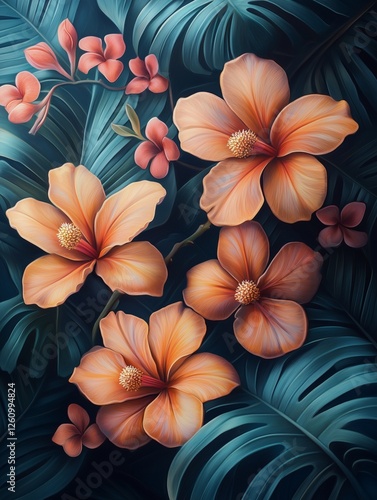 Vibrant pink hibiscus flowers blooming against dark green leaves in a tropica...
