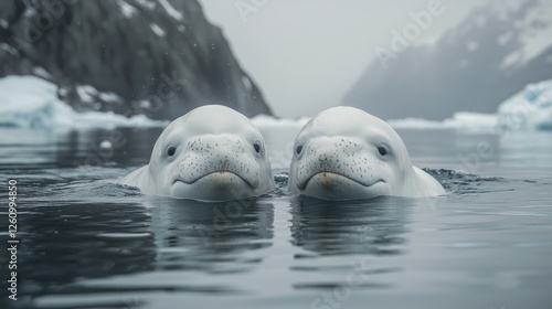 Two beluga whales surfacing in icy waters of the Arctic region during a foggy...