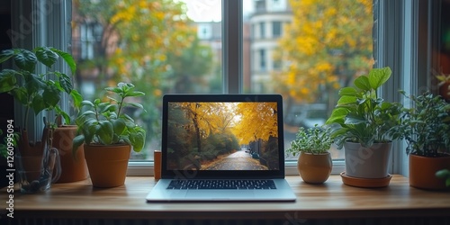 Laptop overlooking a vibrant autumn landscape with potted plants on a wooden ...