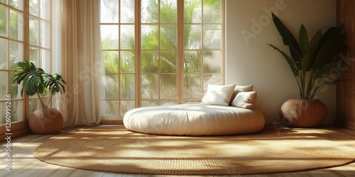 Cozy indoor space with round cushions and plants illuminated by soft sunlight...