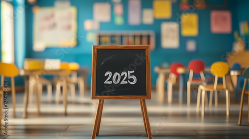 Classroom Countdown to 2025: A chalkboard with the year 2025 prominently displayed stands in a bright, welcoming classroom, filled with anticipation for the future.