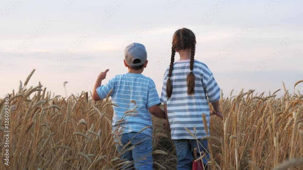 Calm children holding hands making way through ears of wild wheat in setting sun. Children kids peacefully walking strolling wandering in field at mild sunset in evening. Kids quietly walk together. Calm children holding hands making way through ears of wild wheat in setting sun. Children kids peacefully walking strolling wandering in field at mild sunset in evening. Kids quietly walk together.