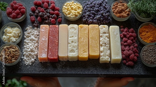 Luxurious handmade soaps arranged beautifully with fresh oranges and pine on ...