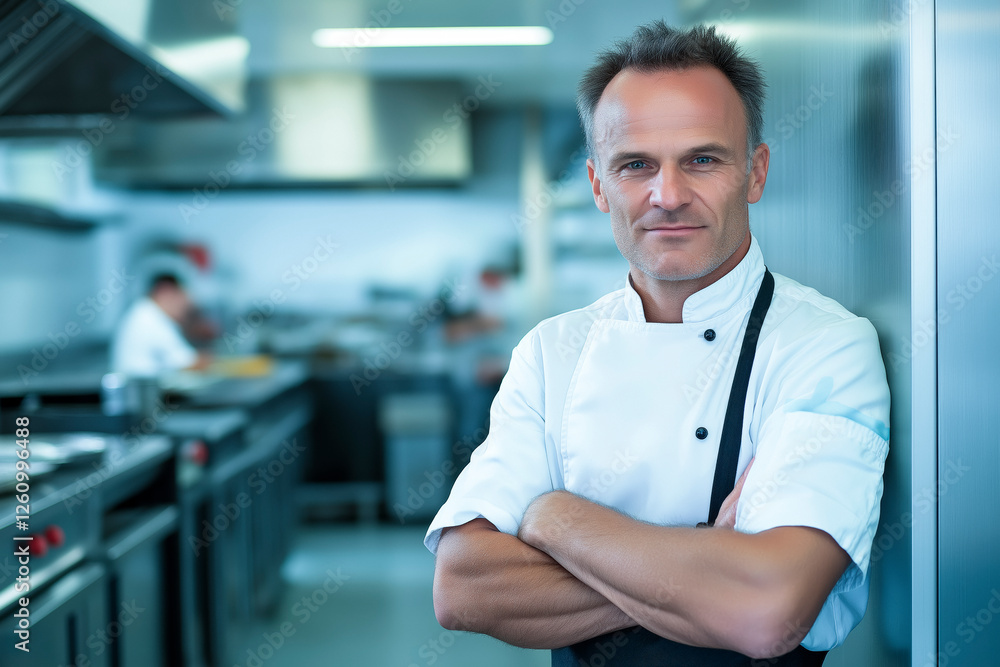 A male chef leaning against a wall with his arms folded, with a modern commercial kitchen in the background A male chef leaning against a wall with his arms folded, with a modern commercial kitchen in the background