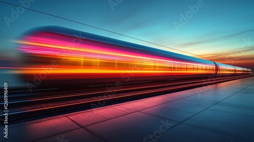 Vibrant high-speed train travels through an evening landscape near the city