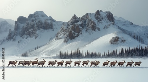 Herd of reindeer crossing snowy landscape against mountain backdrop in winter...