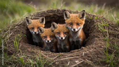 Young foxes peeking out from their den