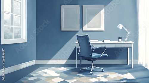 Serene Blue Office Workspace With Empty Desk And Chair