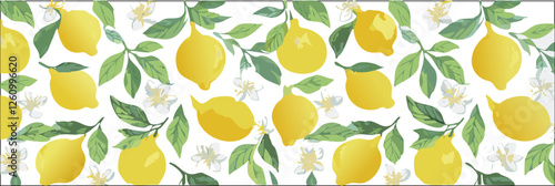 Botanic seamless pattern with yellow lemons and lemon slices. Hand drawn lemons pattern on white background. Fruit repeated background. Vector bright print for fabric, wallpaper, design, party paper.