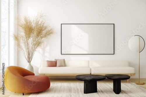 Modern Living Room Design Featuring Cozy Sofa, Artistic Wall Frame, Elegant Coffee Table, Stylish Decor, Bright Atmosphere