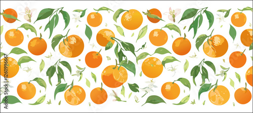 Botanic seamless pattern with yellow mandarin slices. Hand drawn tangerine pattern on white background. Fruit repeated background. Vector bright print for fabric, wallpaper, design, party paper.