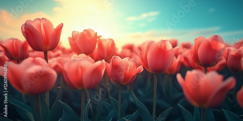 Blooming pink flowers under bright sky during golden hour in a serene meadow ...