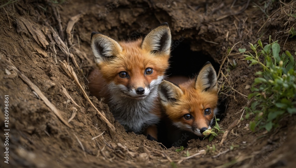 Fototapeta premium Young foxes peeking out from their den