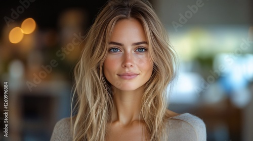 Woman with long hair wearing orange sweater smiles warmly in cozy cafe enviro...